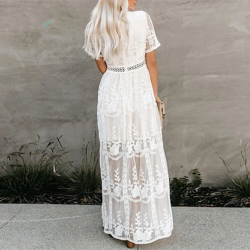 Boho Inspired white Lace tunic summer beach dress women deep V neck lining embroidery slit side bohemian tunic dress female 210316