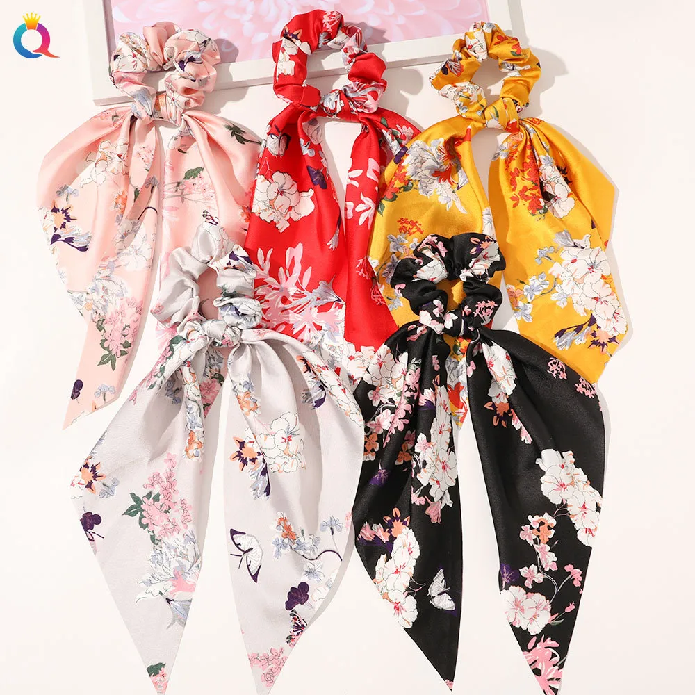 Women Scrunchie Ribbon Elastic HairBands Bow Scarf Printing Head Band for Girls Ladies Hair Ropes Ties Hair Accessories