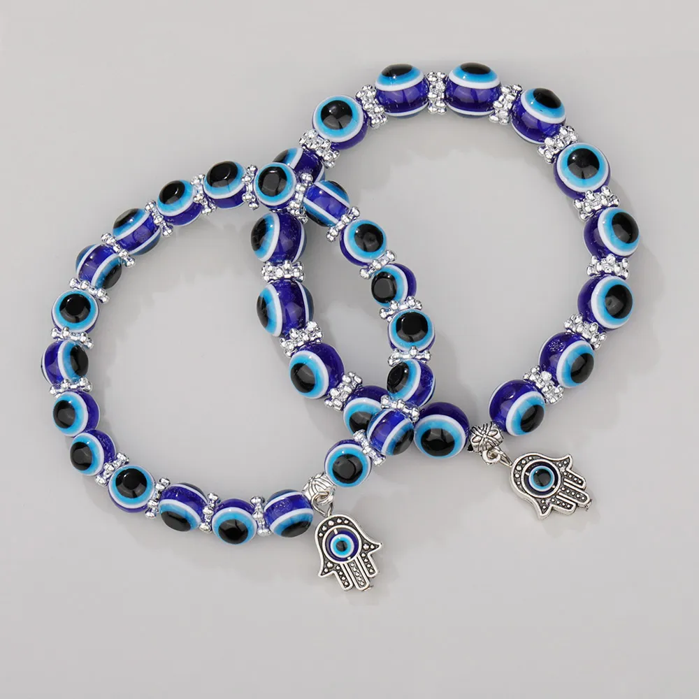 Mode Zilveren Kleur Streng Armband Evil Blue Eye Hand Palm Armbanden voor Vrouwen Kralen Ketting Vintage Sieraden Vrouwelijke Geschenken