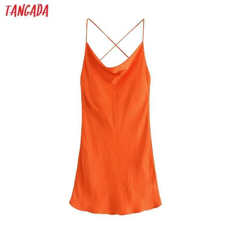 Tangada Women Orange Sexy Satin Short Dress Strap Sleeveless Backless Summer Fashion Lady Dresses Vestido 3H323 210609