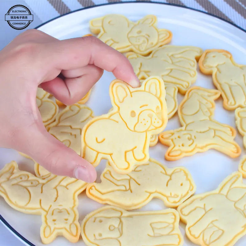 Ferramentas de pastelaria seis pedaços definir cão cookie molde 3d desenhos animados de gelo açúcar fondant biscoito plástico imprensa molde