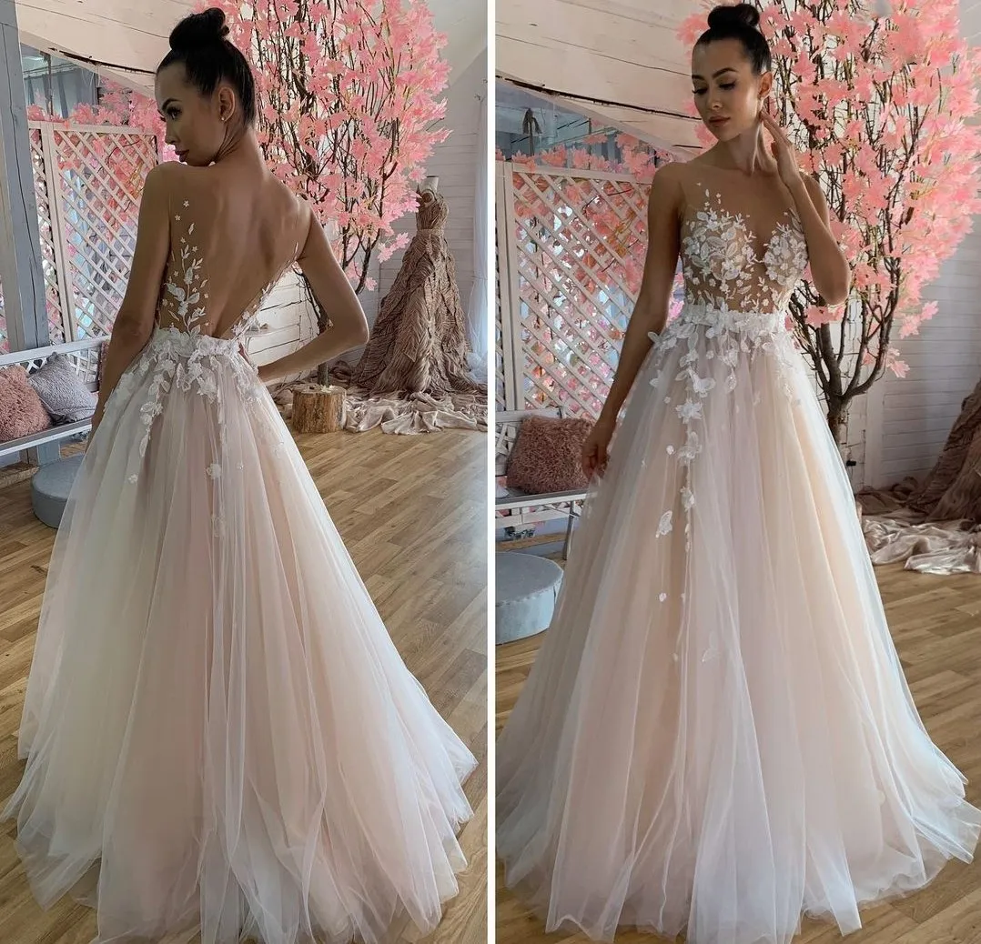 White & Pink Wedding Dresses Sexy V Neck Lace Applique A Line Tulle Bridal  Gown