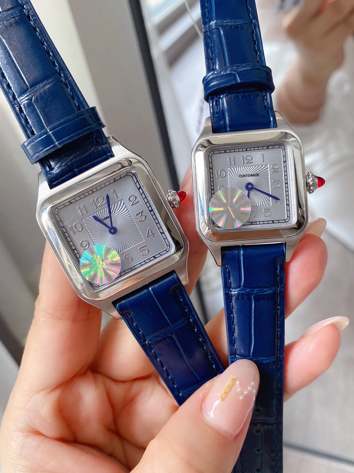 Classique Couples bleu cuir géométrique carré montres en acier inoxydable montre-bracelet à Quartz pour femmes hommes numéro horloge 28mm 32mm