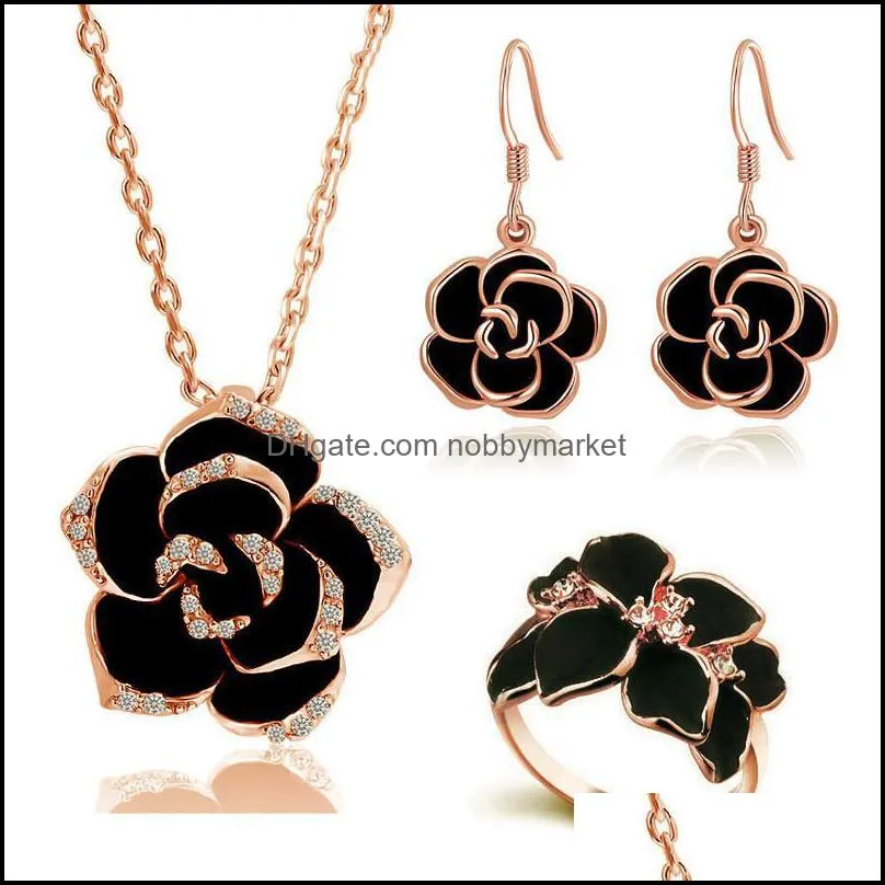 Earrings & Necklace Enamel Jewelry Dance Party Gifts Black Camellia Ring Drop Pendant 3pc Set