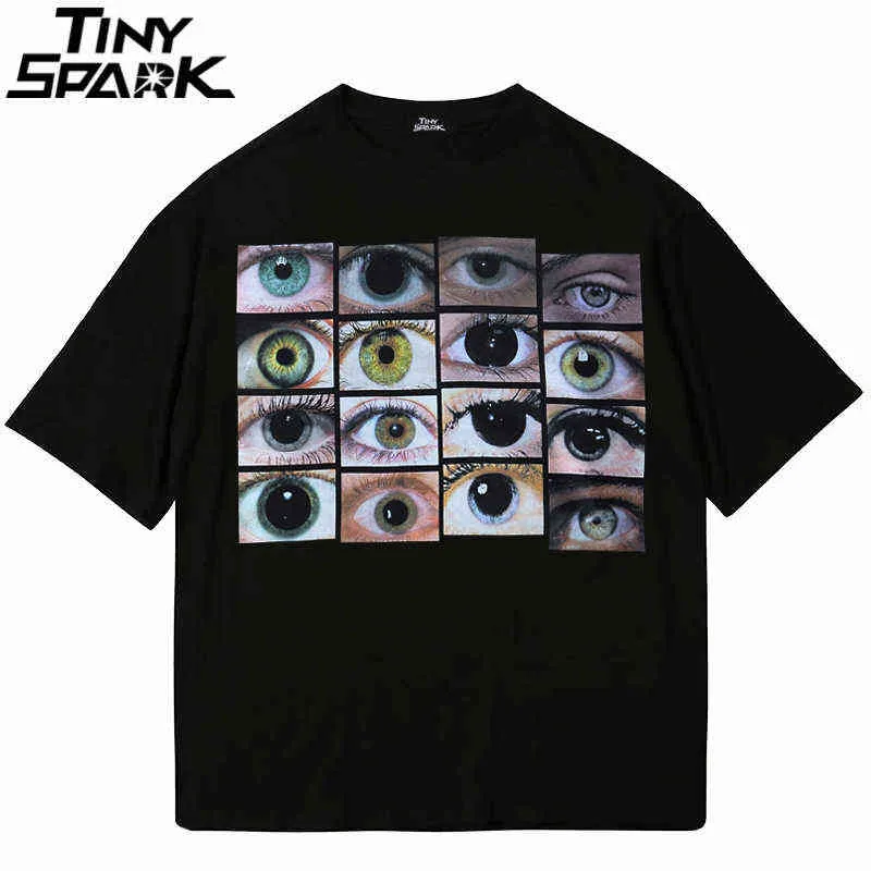 2022 Homens Hip Hop Streetwear T Camiseta Eyes Impresso Harajuku T-shirt Algodão Casual Tshirt Verão Manga Curta Tops Tees Preto G1217