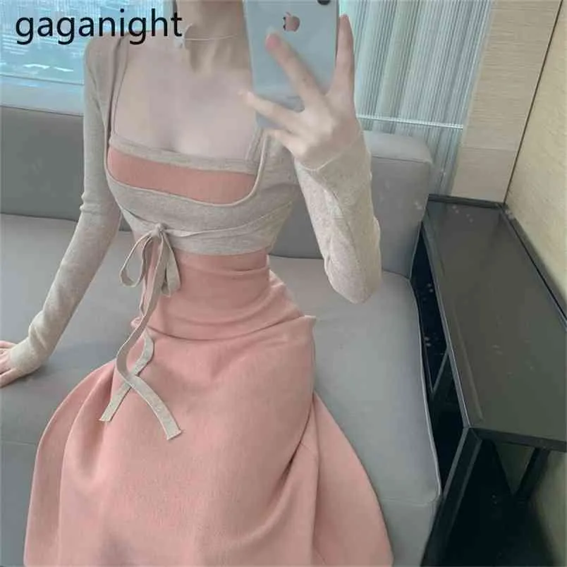 Korean Solid Knitted Chic Vintage Two Pieces Long Sleeve Bow Sashes Tops Elegant Women Sling Dresses Sexy Office Lady 210601