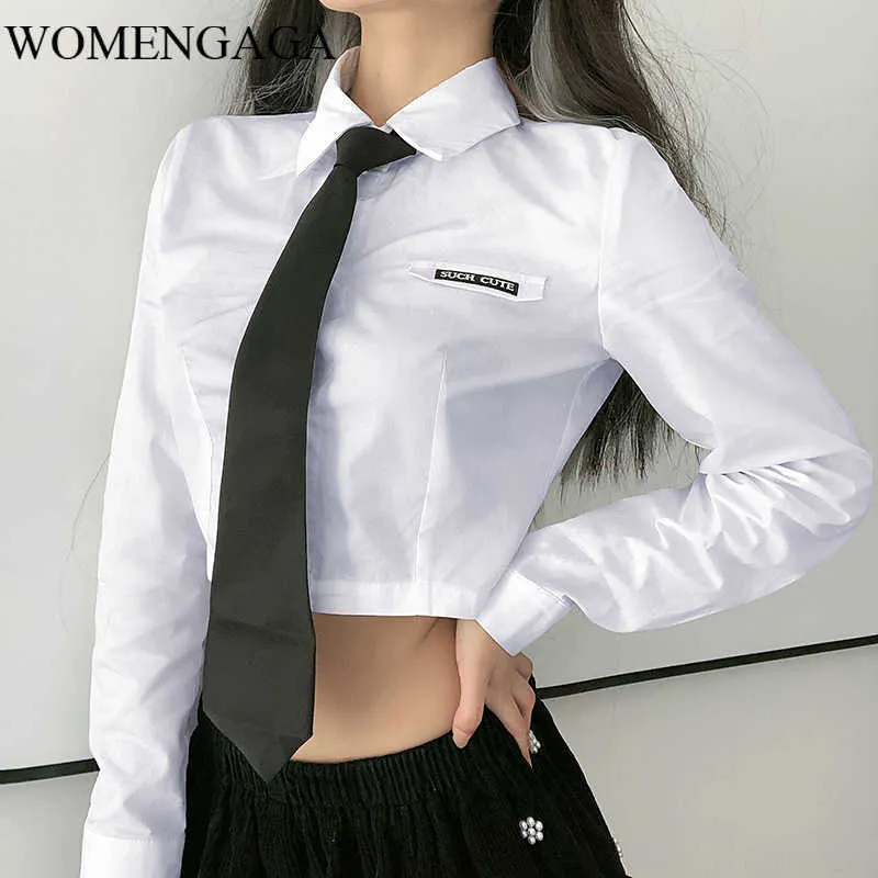 WOMENGAGA Academic Tie Long Sleeved Shirt Womens Autumn Korean All
