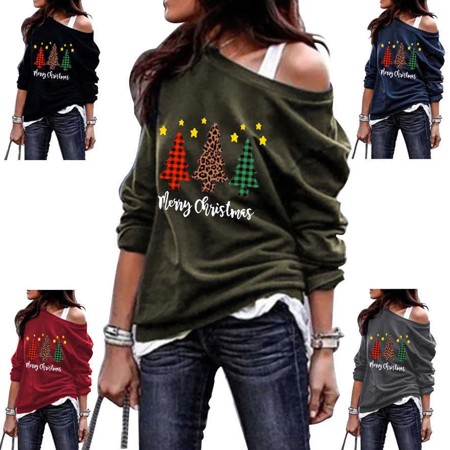 Merry Christmas Autumn T-shirt Women Tops Casual Xmas Tree Elk Print Skew Collar Long Sleeve Loose Tshirt Ladies Plus Size S-3XL 210526