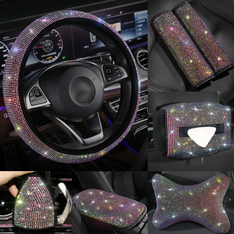 Steering Wheel Covers Fashion Interior Car Accessories Women Rhinestone Headrest Armrest Cover Shoulder Pad Fuzzy Crystal Kit