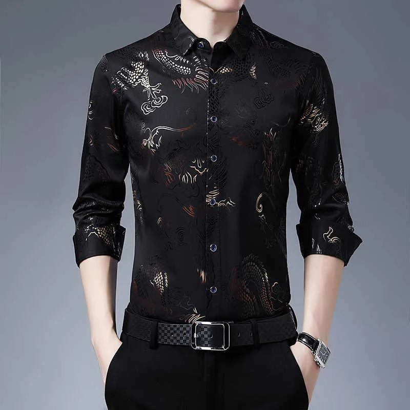 Платья рубашки мужчины Slim Fit Citial Dragon Print Silk рубашка весна с длинным рукавом повседневная камиза Masculina C725 210721