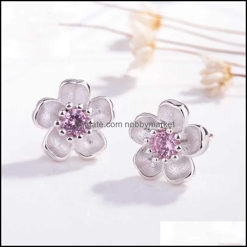 Silver 925 Jewelry Sterling Earrings Cherry Blossom Inlaid Pink Zircon Ear Studs Simple and Popular for Women