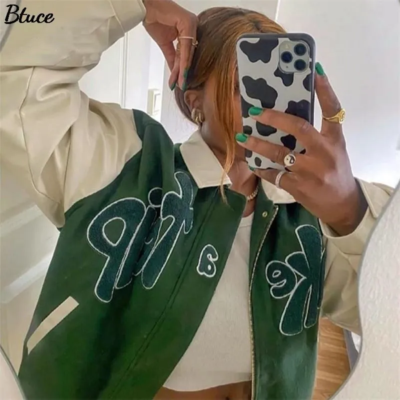 2021 Autunno House Of Grass Donna Lettera Verde Bomber Giacca femminile Streetwear FAI UN VIAGGIO Turn Down Collar Zipper Cappotto da baseball 220217