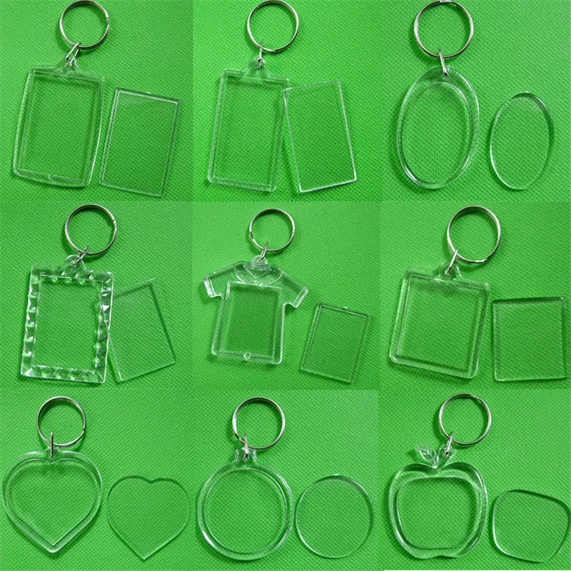 Acryl lege sleutelhangers sleutelhangers duidelijke plastic rechthoek vierkante hart invoegen foto keyfobs promotie splitsleutelring ketting accessoires DIY fotolijsten geschenken