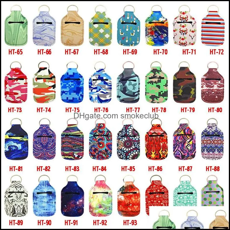 96 Styles Neoprene Hand Sanitizer Bottle Holder Keychain Bags 30ml Printed Hand Soap Bottle Holder with Key Rings Xmas Gift Free DHL