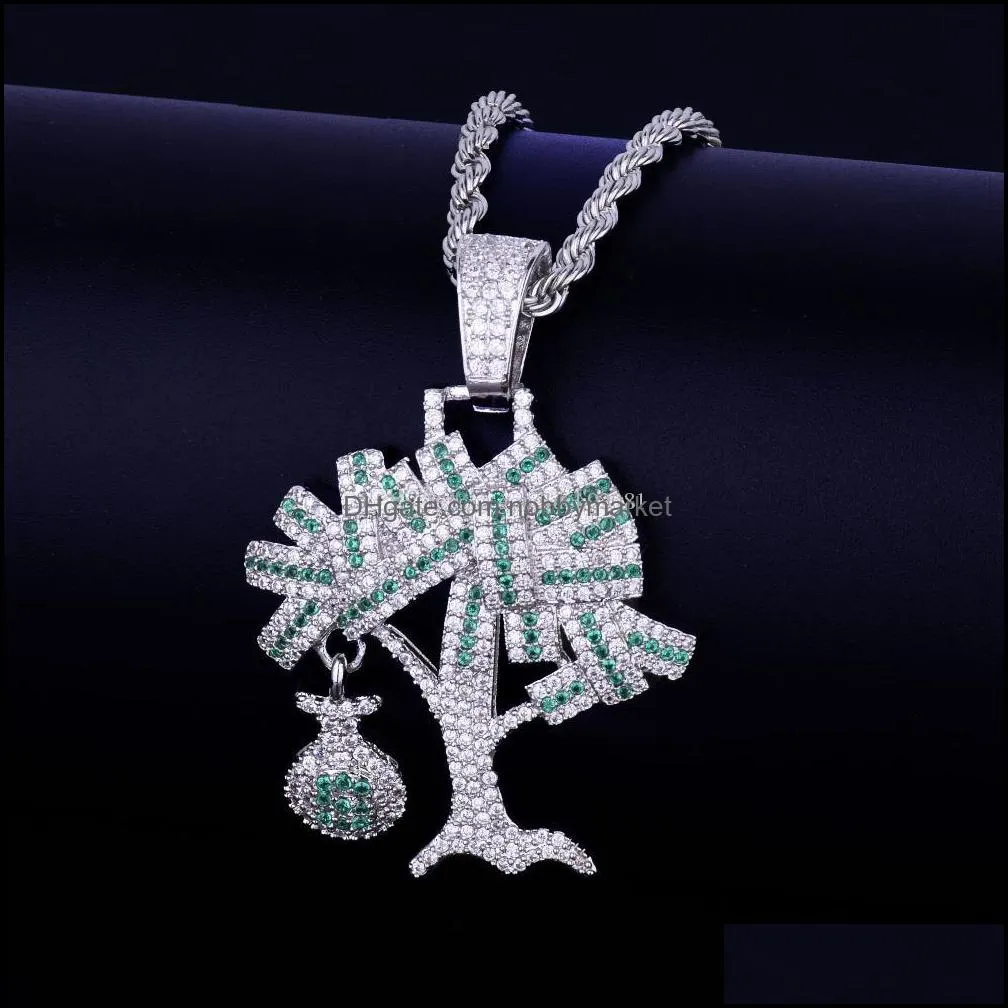 Hip Hop Gold Silver Color Cubic Zircon US Dollar Money Tree Pendant Necklace For Men Iced Out Bling Jewelry Gifts