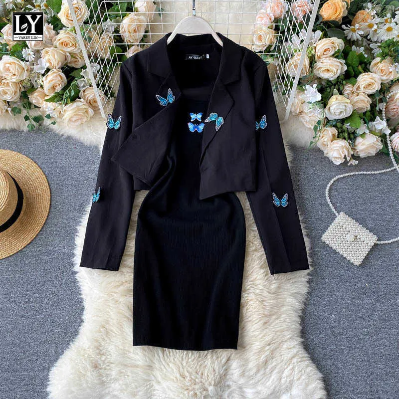 Ly Varey Lin秋2個セット女性蝶刺繍スーツジャケットメタルチェーンストラップハイウエストスリムドレス210526