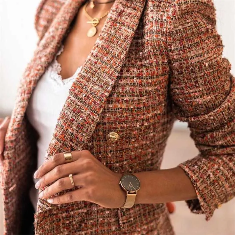 Mince costume Lady Blazer à manches longues Casual à double boutonnage Vérifiez Slim Fit Bureau élégant chic Jacket Streetcoat 211019