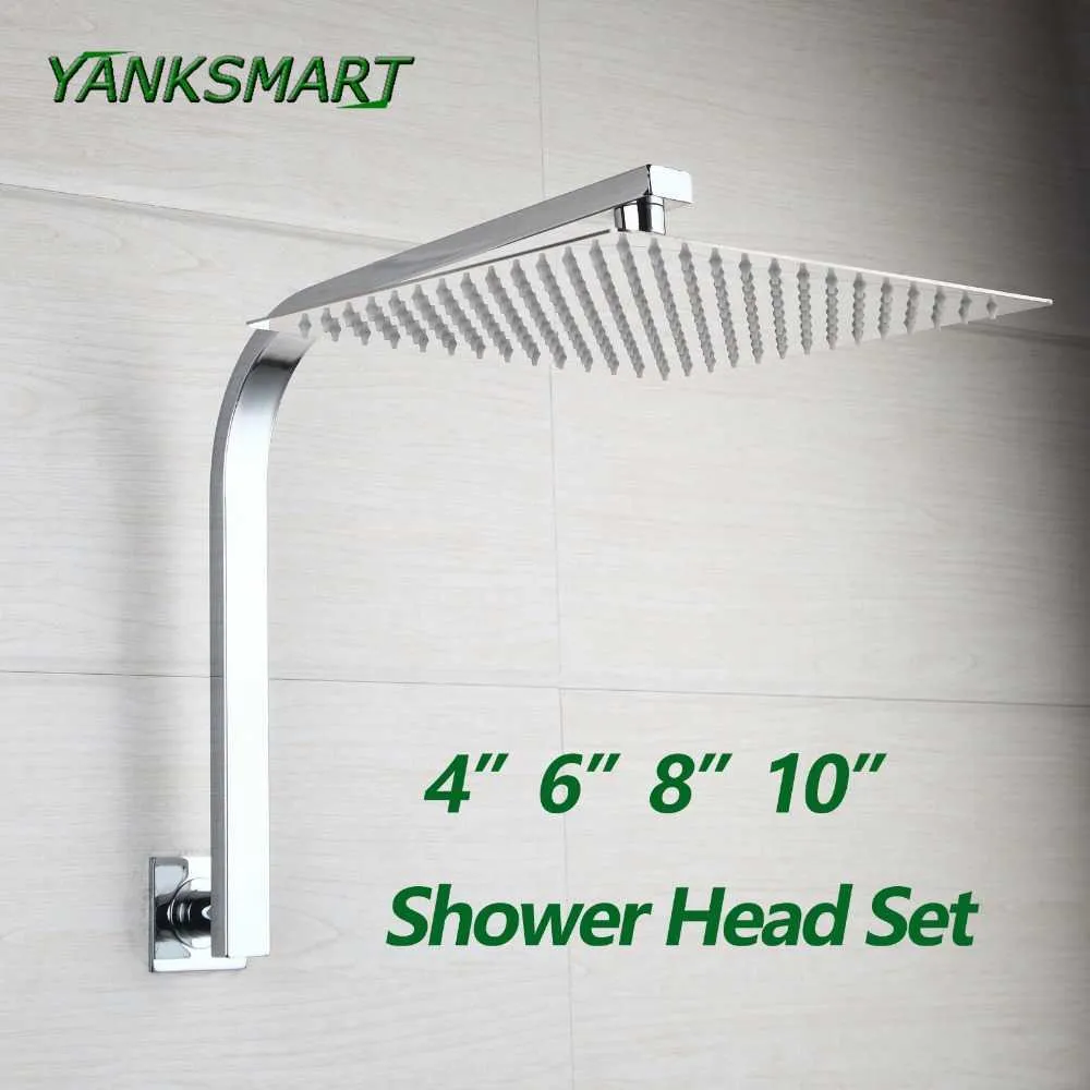 YANKSMART Gooseneck Square Brass Wall Mount Shower Arm Ultrathin Bathroom Shower Head Combo Set 210724