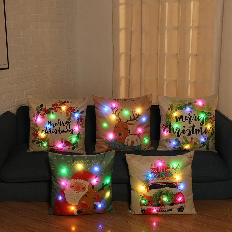 Cushion/Decorative Pillow Christmas LED Light Cushion Cover 45*45cm Cotton Linen Covers Sofa Cushions Cases 0558