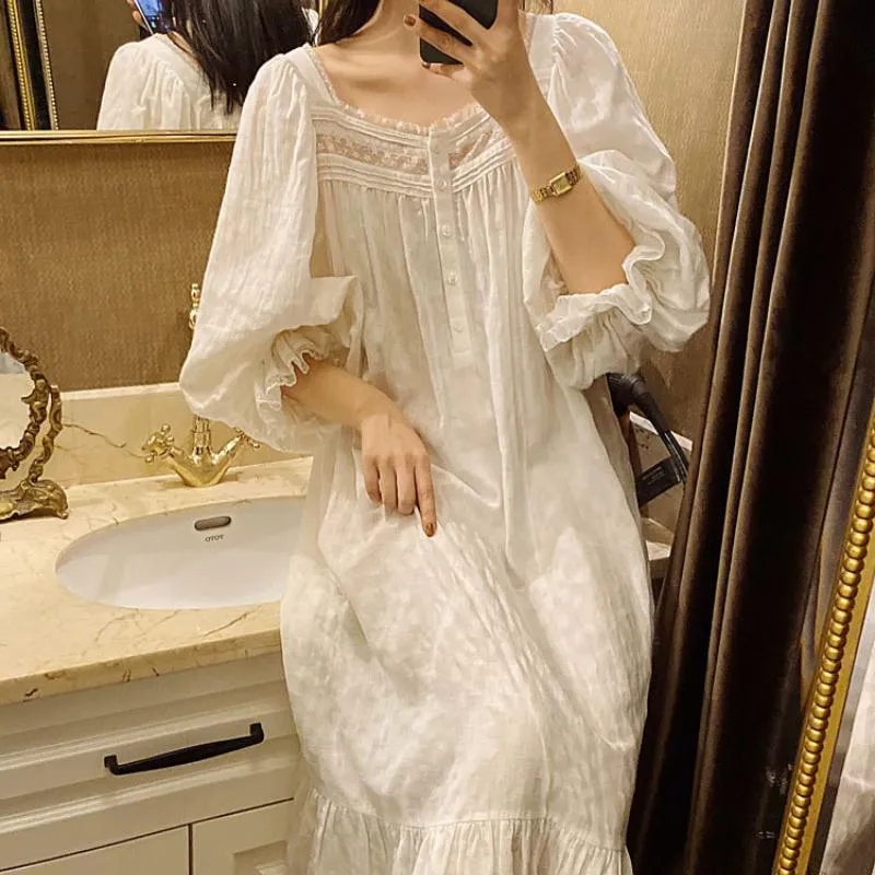 Ladies Full Pure Cotton Long Nightdress Long Sleeve Nightgown