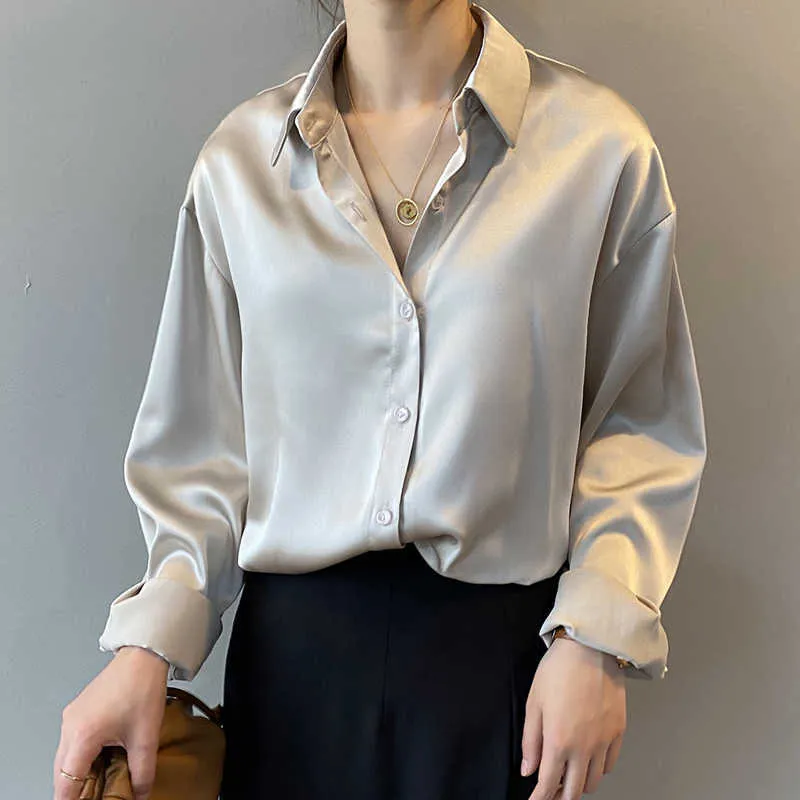 Spring Satin Silk Shirt Women Vintage Fashion Turn Down Collar Button Up Blouse White Lady Long Sleeve Femme Loose Street Shirts 210526