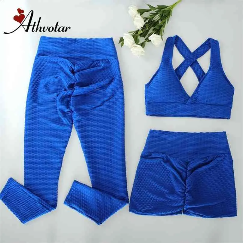 Athvotar 2 / 3pcs Yoga Set Fitness Gym Passar Hög midja Leggings Shorts Push Up Bra Sports Anti Cellulite Clotihing 210802