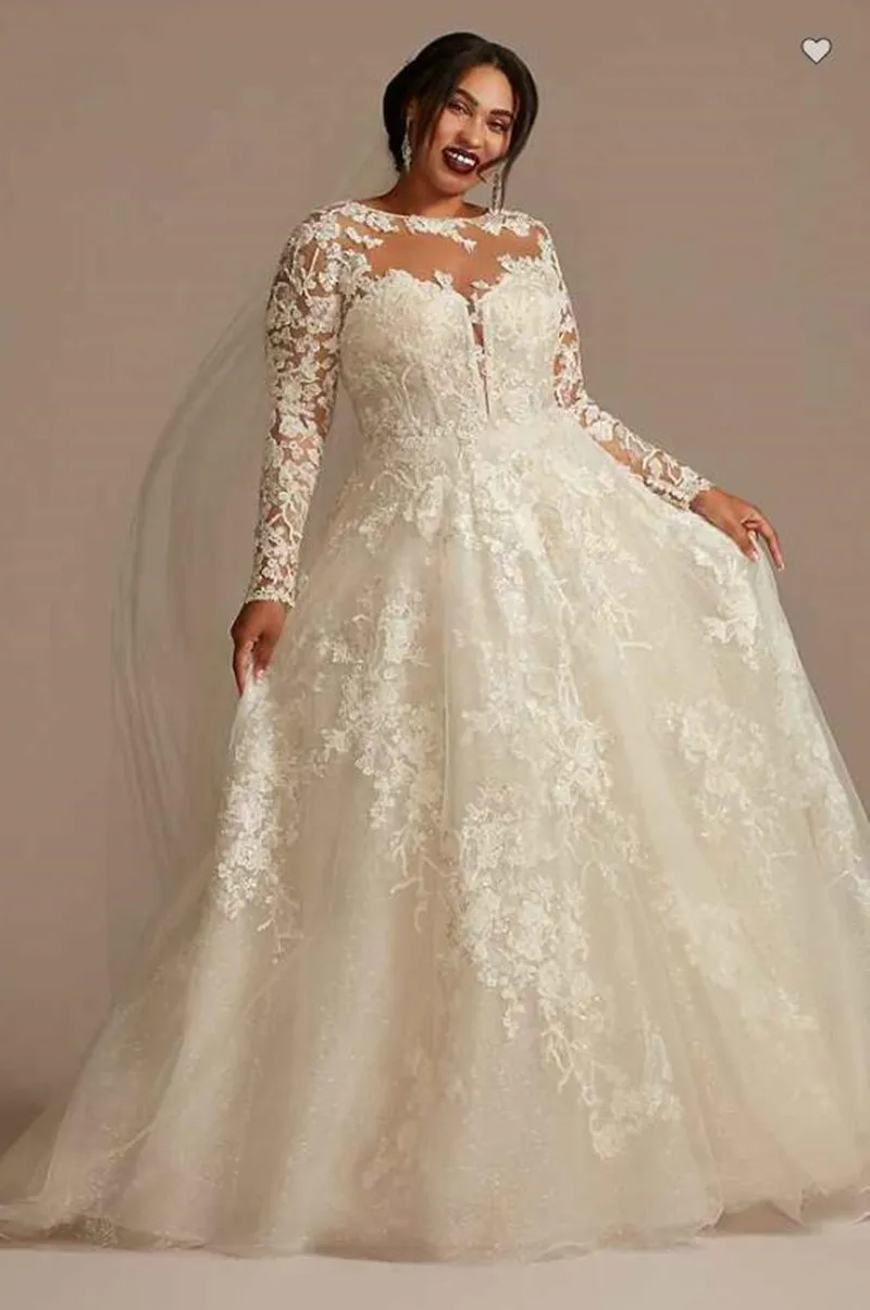 OLEG CASSINI Ilusión de encaje de manga larga de talla grande vestidos de novia 2022 Sheer cuello redondo aplique Floral falda hinchada princesa nupcial Gow212w