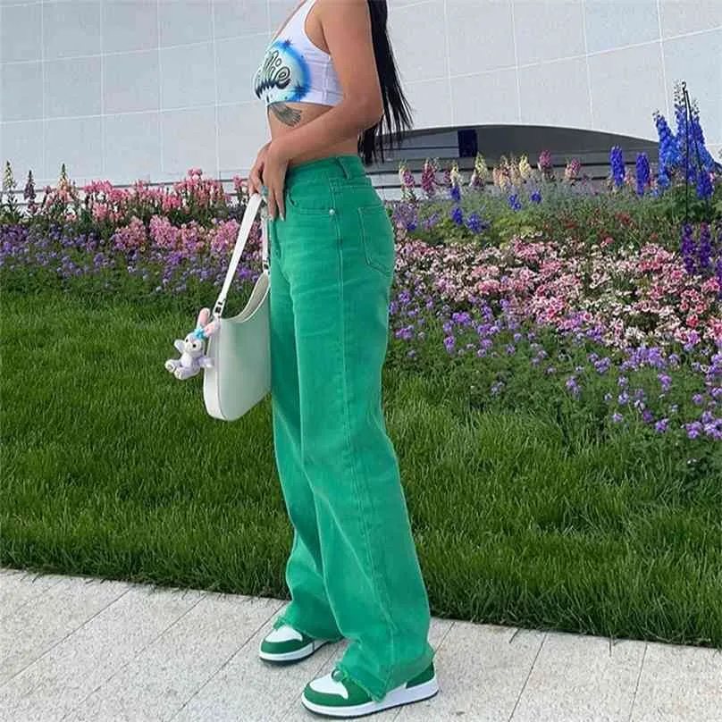 Jeans de couleur unie fille streetwear vêtements de mode vert slim pantalon droit hip-hop maman 210922