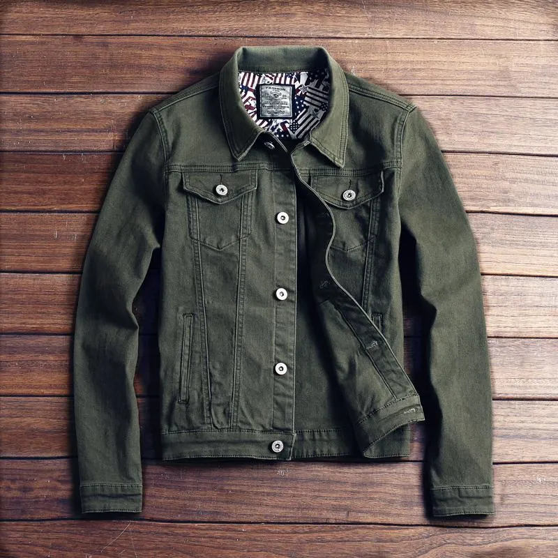 Mäns jackor 2022 Slim Mens and Coats Casual Denim Jacket Men Veste Homme Jeans Male Khaki Black Army Green Red