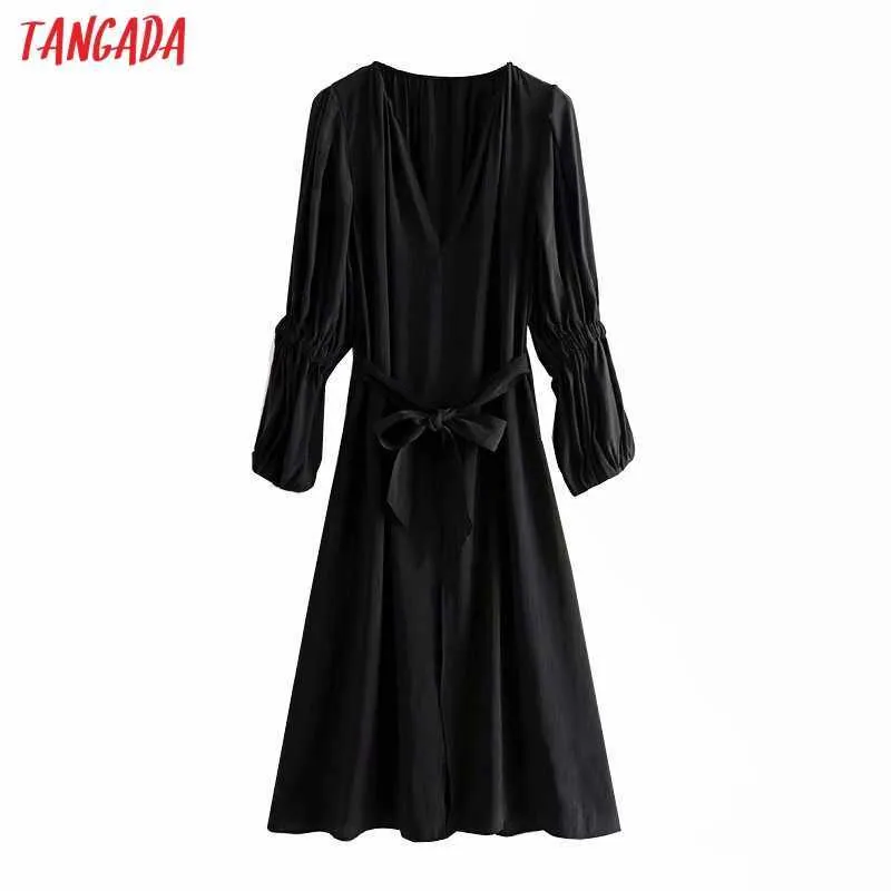 Tangada Women Black French Style Robe Sukienka z Slash Slash Puff Sleeve Sukienka Midi Sukienka Vestidos 3H572 210609