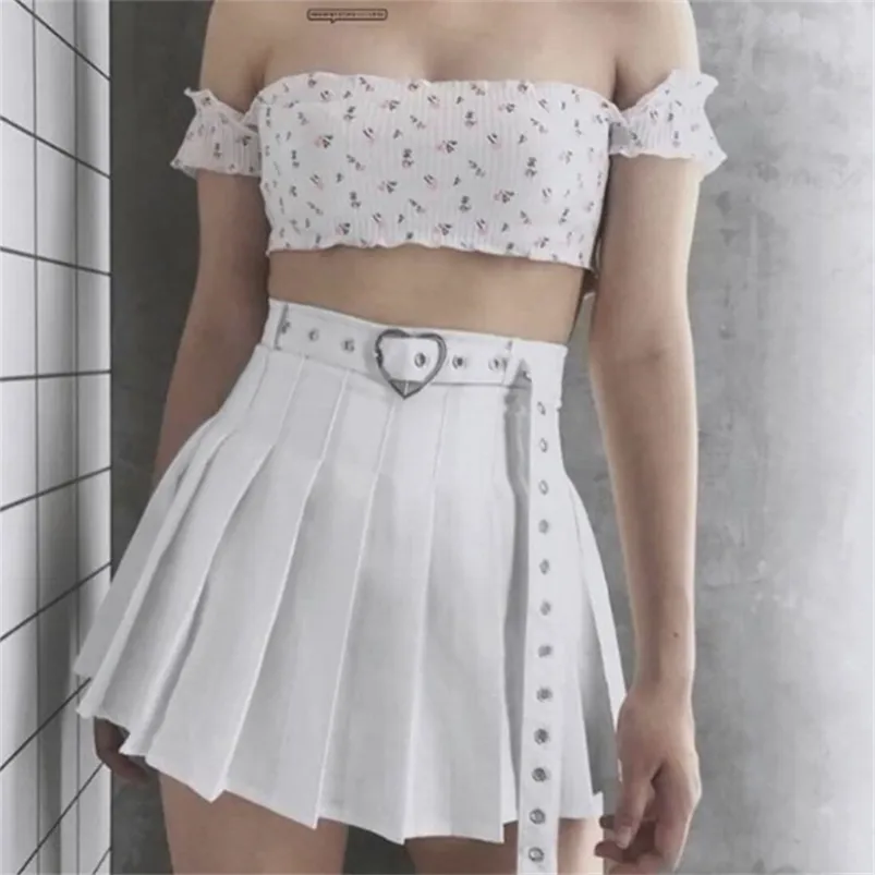 Harajuku Heart-Buckle Belt Pleated Skirt Women School e-Girl Cheerleading Belted Mini With Safe Shorts / 210621