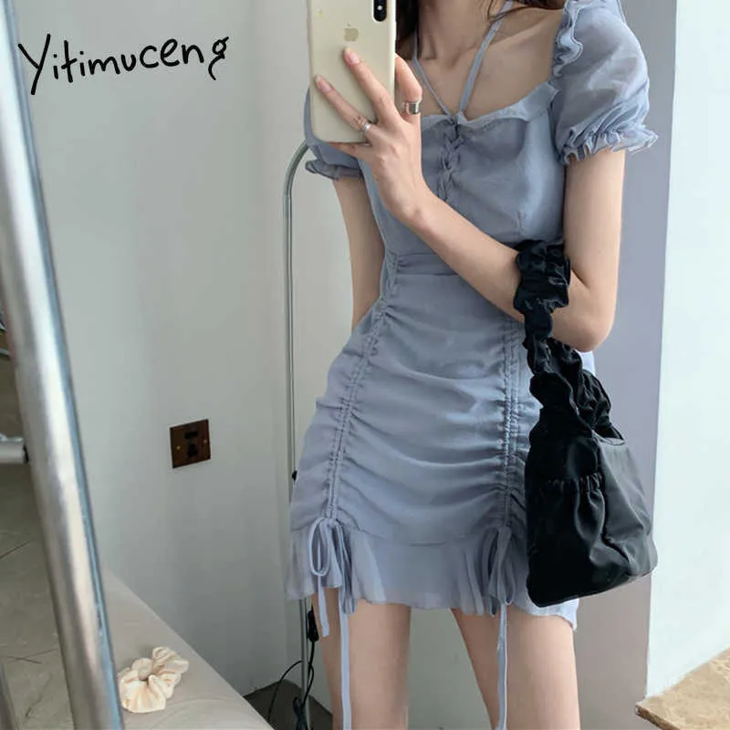 yitimuceng raw stringドレス夏の韓国のファッションシフォンミニドレススクエアカラーソリッドブルーサンドレス210601
