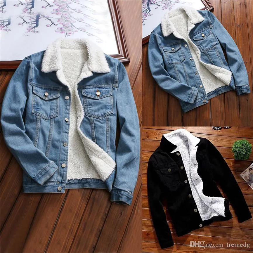 QNPQYX New Men Denim Jacket With Fur Men Autumn Winter Denim Jacket Warm Upset Jacket Vintage Long Sleeve Loose Jeans Coat Outwear Vintage Long Sle