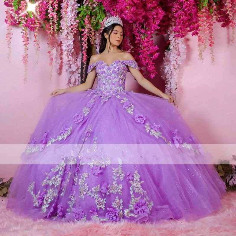 Современные фиолетовые 3D цветы Quinceanera платья с мячом