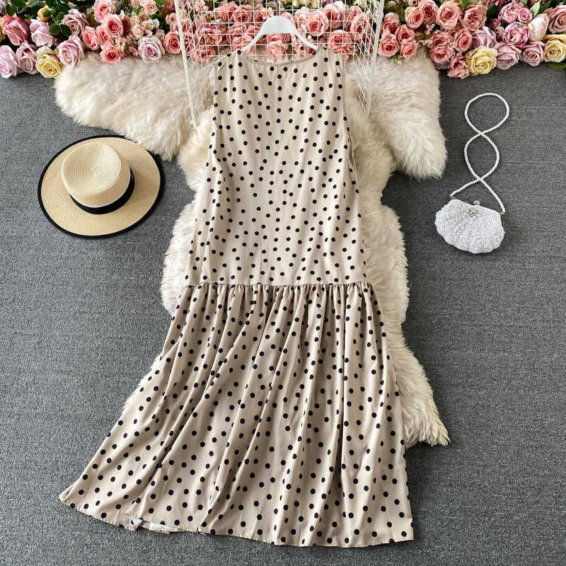 Svart / beige polka dot lång klänning kvinnor elegant rund hals ärmlös stor swing ruffle vestidos kvinnlig 2021 sommar mode robe y0603