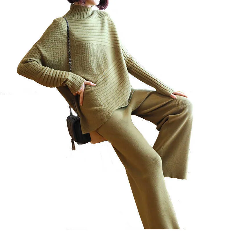 Spring Casual Knitted Wide-Leg Pants 2 Piece Suit Female Turtleneck Sweater+Pants Two-Piece Fashion Clothes 210531