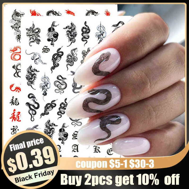 10pc 3D Dragon Snake Design Nail Stickers Kvinnor Kvinnor Kärlek Nail Art Tattoo Slider Gel Polsk Dekal Tillfälliga Tatuering Dekorationer Gleb145-152 Y1125