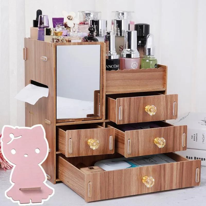 3 Schichten Holzhalter Große Kosmetik Make-up Schmuck Lippenstifte Aufbewahrung Organizer Fall Aufbewahrungsbox313k