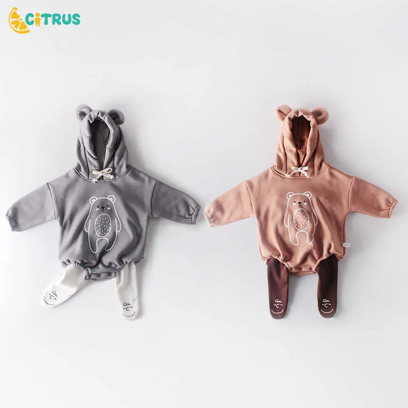 Citrus Autumn Winter Baby Romper Boy Grirls Baby Bear Print Long-sleeved Hooded Jumpsuit Velvet Thickening Babysuit G1023