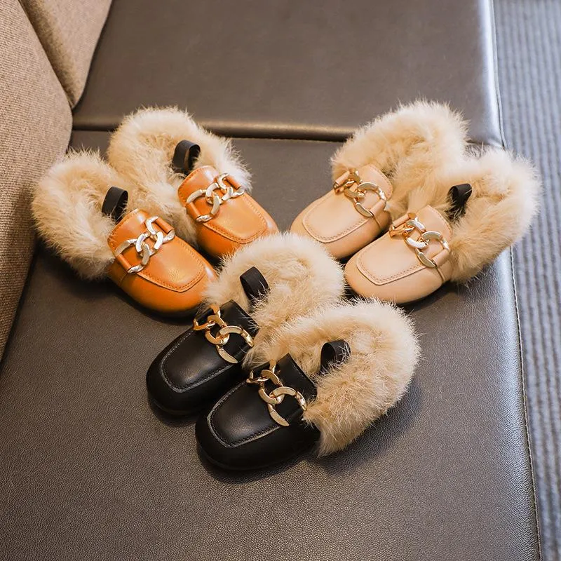 Flache Schuhe Herbst Winter Mädchen Warme Baumwolle Plüsch Flauschigen Fell Kinder Loafer Mit Metall Kette Jungen Wohnungen Kinder Mary Jane kleinkind