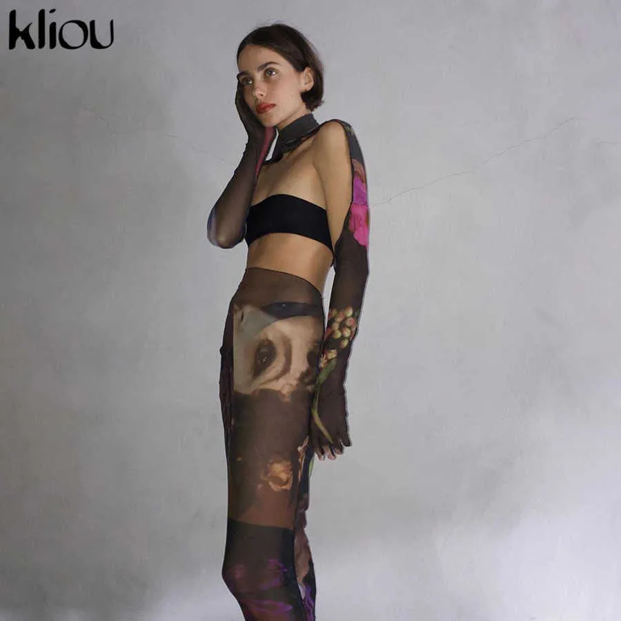 Kliou Mesh Character Print Conjuntos de dos piezas Guantes de mujer Sexy Bra Tops + Seethrough Maxi Falda Conjuntos a juego Clubwear Trajes femeninos X0709