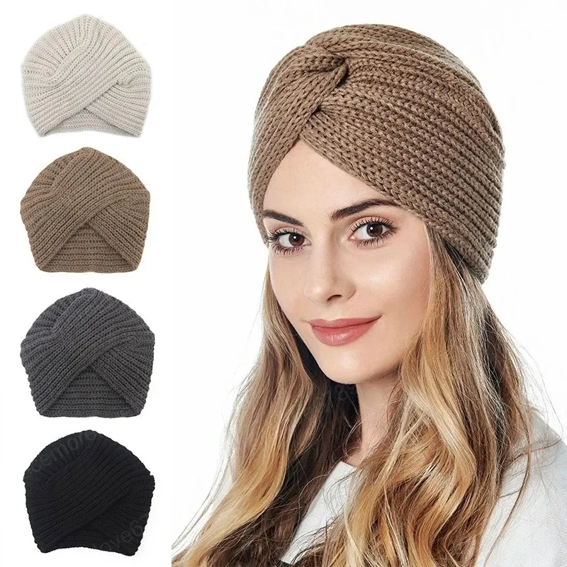 Herfst Winter Dames Gebreide Turban Caps Warm Knot Bandana Cross Twist Head Wrap Mode Moslim Monnet Indian Hat Night Cap