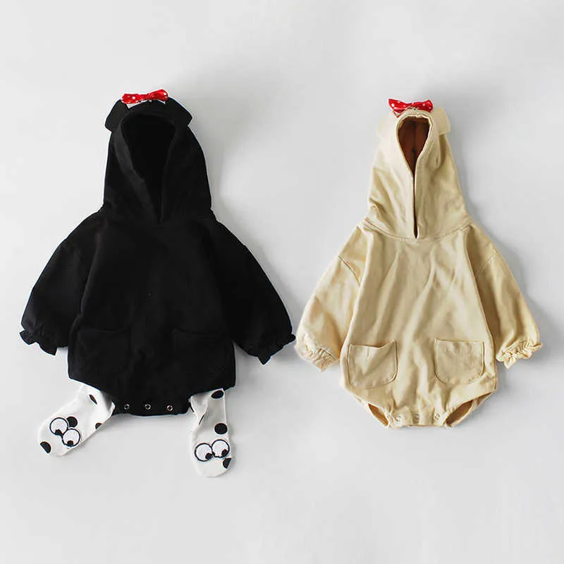 born Baby Girl Clothes Long Sleeve Cotton Infant Jumpsuit Casual Fashion Hooded Bow Baby Girl Bodysuits Hoodies Black 210713