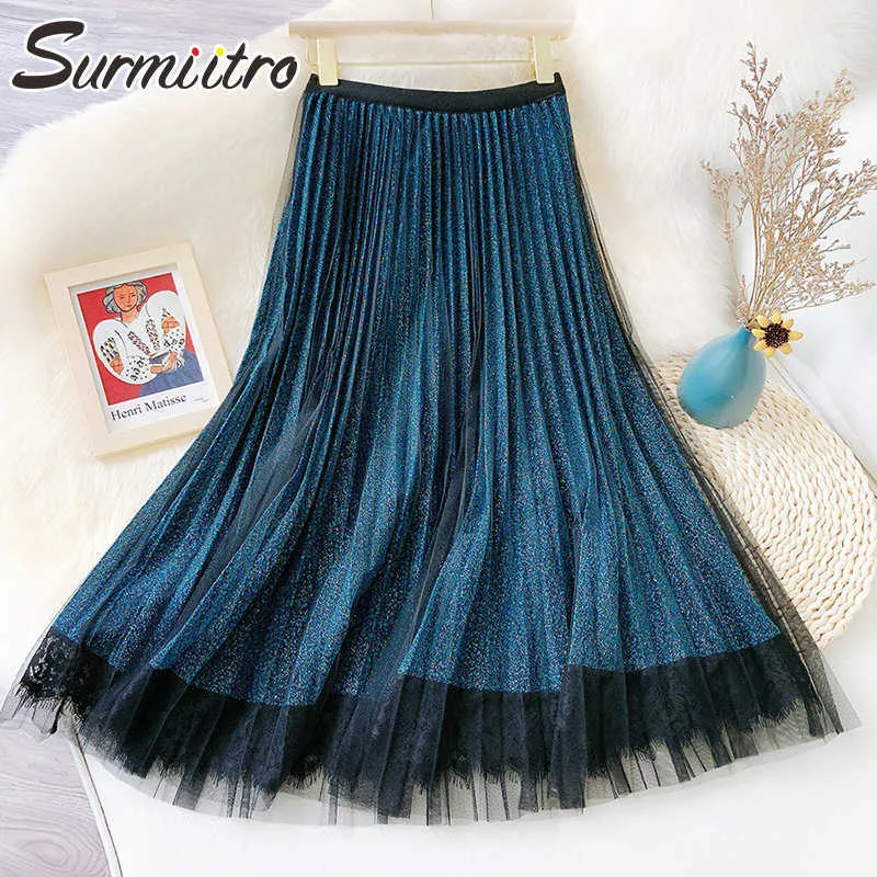 SURMIITRO Shinny Couleur métallique Midi Longue Jupe en Tulle Femmes Été Style Coréen Taille Haute Jupe Plissée Mi-longue Femme 210712