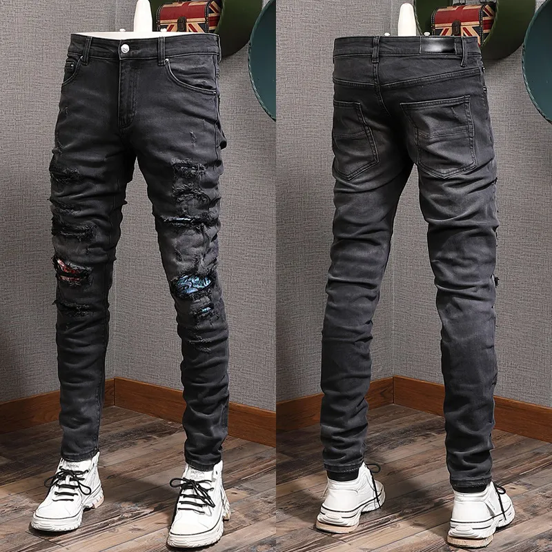 Amirirs Jeans Design Jeans pour Mans Stretch Design Denim Jeans Biker For Mens Slim Patch Patch Trim Leg Cowboy Pantal
