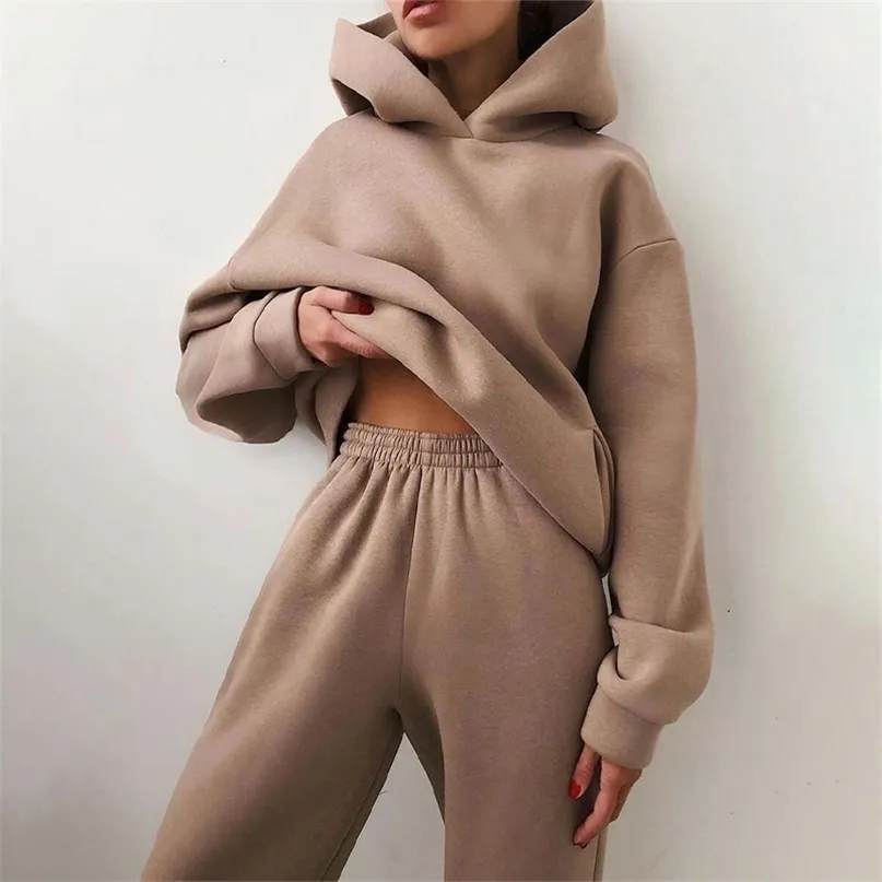 Hoodies Two Piece Set Women Long Sleeve Solid Casual Pocket Pullover Suit Spring Elastic Sports Pants Female Tracksuit 211105