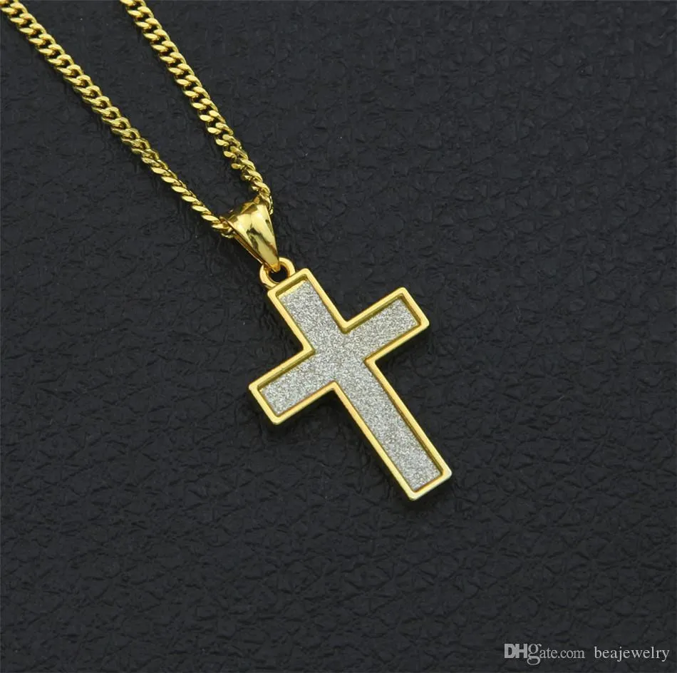 New Iced Sand Blast Pendant Charm For Women Gold Silver Color Cross Pendant Necklace Chain Men`s Hip hop Jewelry