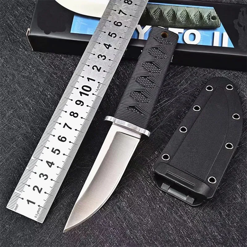 Nowy Wyświetlanie Survival Prosto Nóż 8CR13Mov Satin Drop Point Blade Nylon Plus Glass Fiber Habled Ostrza Noże z Kydex