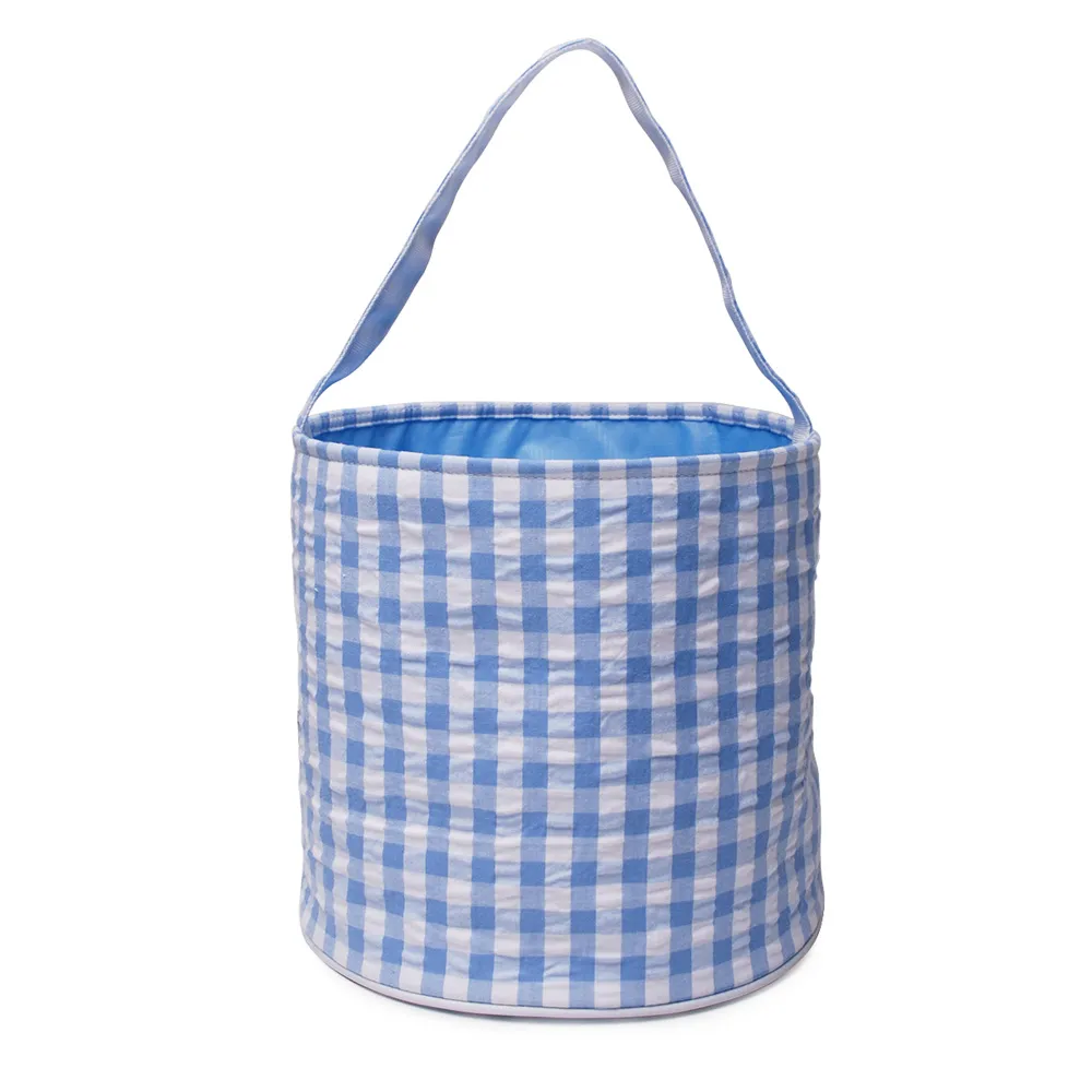 Klassisk Gingham Påsk Buckets Party Supplies Seersucker Blue Pink Garn Kontrollerad Påsktygväska Påskäggsamlingar Korgar Domil106-1510