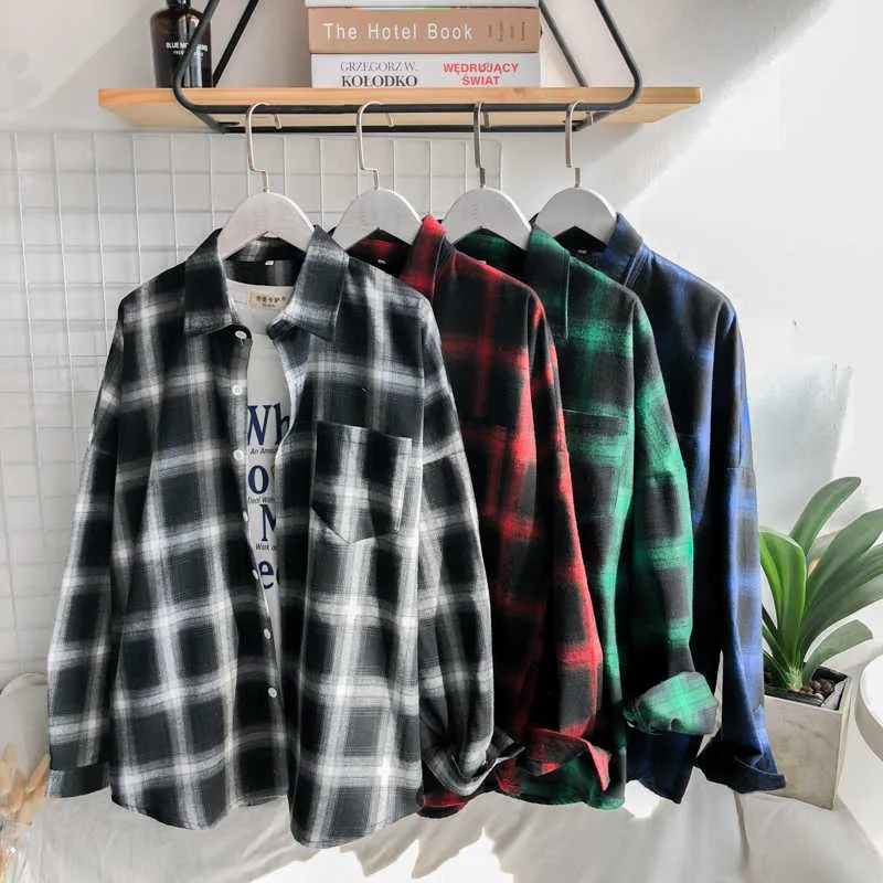 Privathinker Men Ins Style Hombre Blanco Rojo Negro Plaid Camisas de manga larga Hombre Oversized Top Shirt Plus Size Q190518